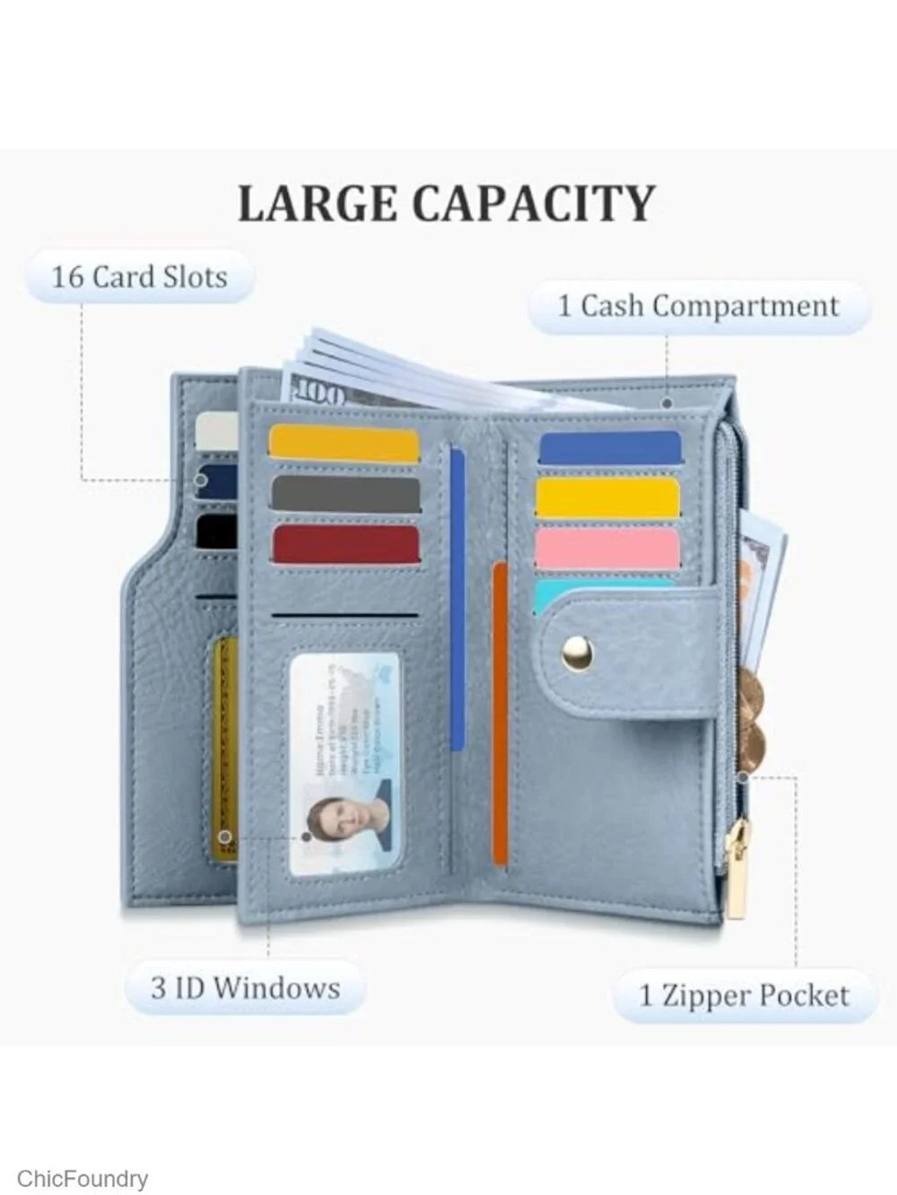Small RFID Blocking Bifold Wallet for Women with 16 Card Slots